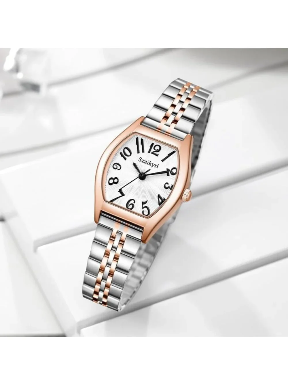 Women's Silver & Rose Gold-Black Barrel-Shaped Easy Read Arabic Numerals Watch